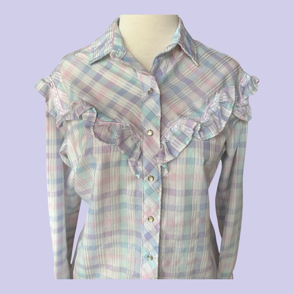 Vintage Miss Rodeo America Pearl Snap Shirt Women 13/14 Plaid Western Ruffle USA